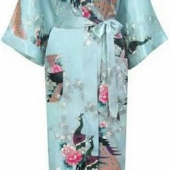 KIMU® Kimono Lichtblauw Satijn - Maat M-L - Ochtendjas Yukata Kamerjas Badjas - Boven De Enkels