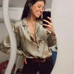 Merkloos MKL - Dames Blouses Lange Mouwen - Dierenprint - Vrouwen Satijn Blouse Luipaard Print - Shirts Vintage Office - Maat XS -Dameskleding Verkoop 550x634