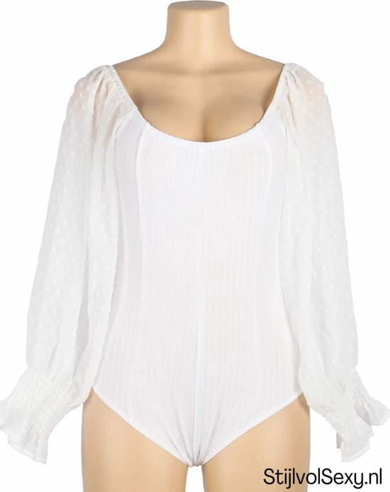 Merkloos Witte Stretch Off The Shoulder Body | Dames Bodysuit Top | Maat 42/44 3 Merkloos Witte Stretch Off The Shoulder Body | Dames Bodysuit Top | Maat 42/44 - Afbeelding 3