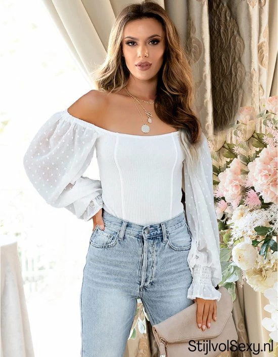 Merkloos Witte Stretch Off The Shoulder Body | Dames Bodysuit Top | Maat 42/44 1 Merkloos Witte Stretch Off The Shoulder Body | Dames Bodysuit Top | Maat 42/44