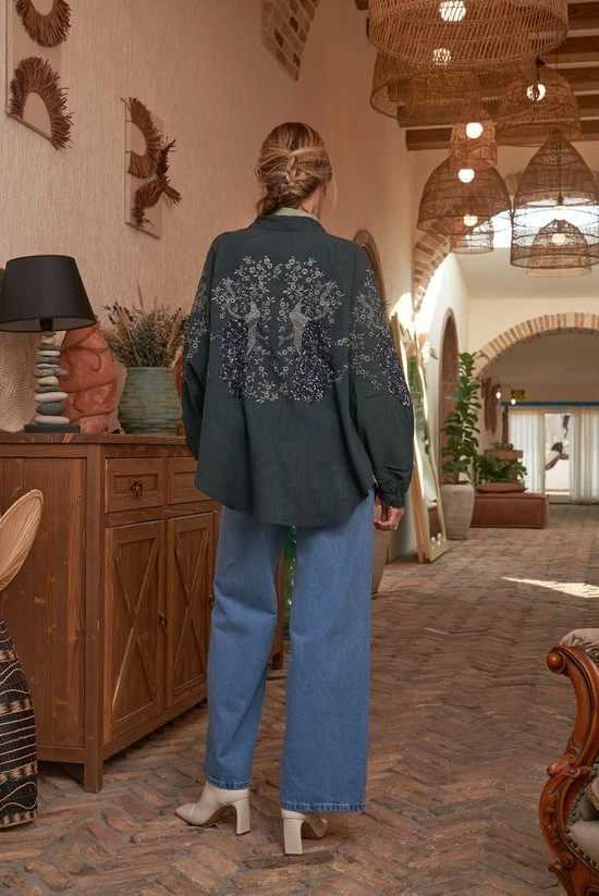 Merkloos Shiva Mode Blouse Dames Kimono Pauw Geborduurde 4 Merkloos Shiva Mode Blouse Dames Kimono Pauw Geborduurde - Afbeelding 4