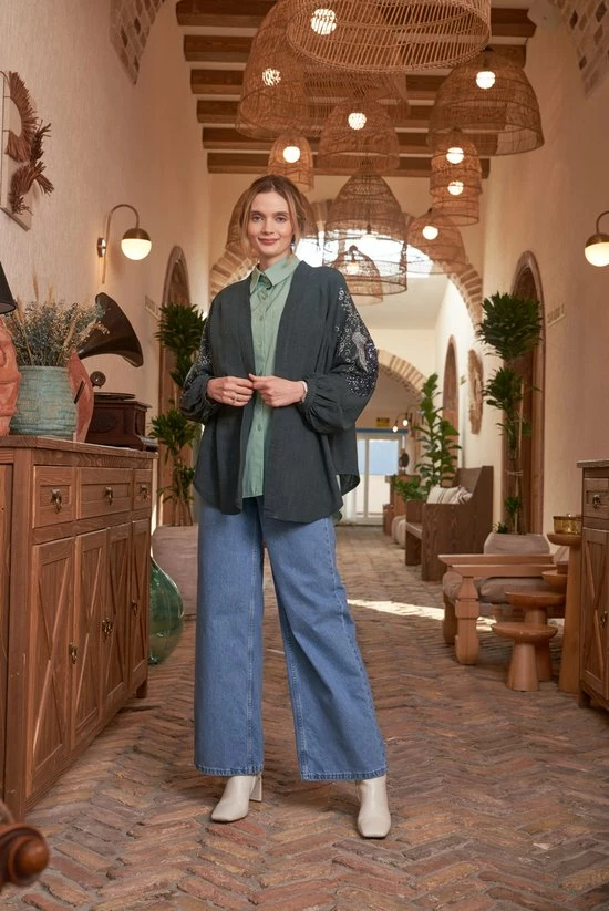 Merkloos Shiva Mode Blouse Dames Kimono Pauw Geborduurde 5 Merkloos Shiva Mode Blouse Dames Kimono Pauw Geborduurde - Afbeelding 5