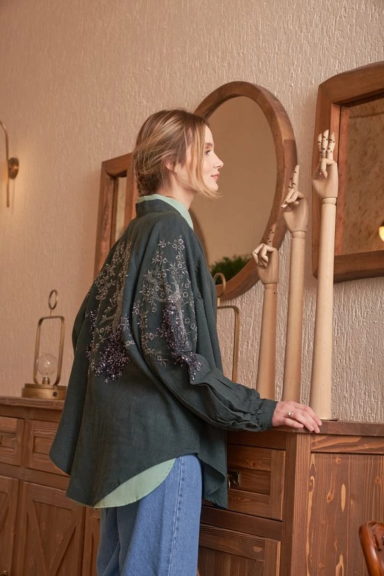 Merkloos Shiva Mode Blouse Dames Kimono Pauw Geborduurde 3 Merkloos Shiva Mode Blouse Dames Kimono Pauw Geborduurde - Afbeelding 3