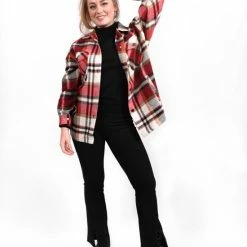 Merkloos Lumber Jacket | Jas Dames | Houthakkers Jas | Ruitjes | Stoer | Oversized | Kleur Rood | Maat S